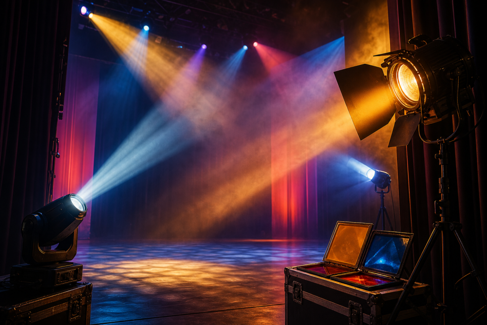 Scene- og studielamper med varme og kolde lysstråler Tom scene belyst af Fresnel-, moving head- og studielamper med krydsende farvede lysstråler